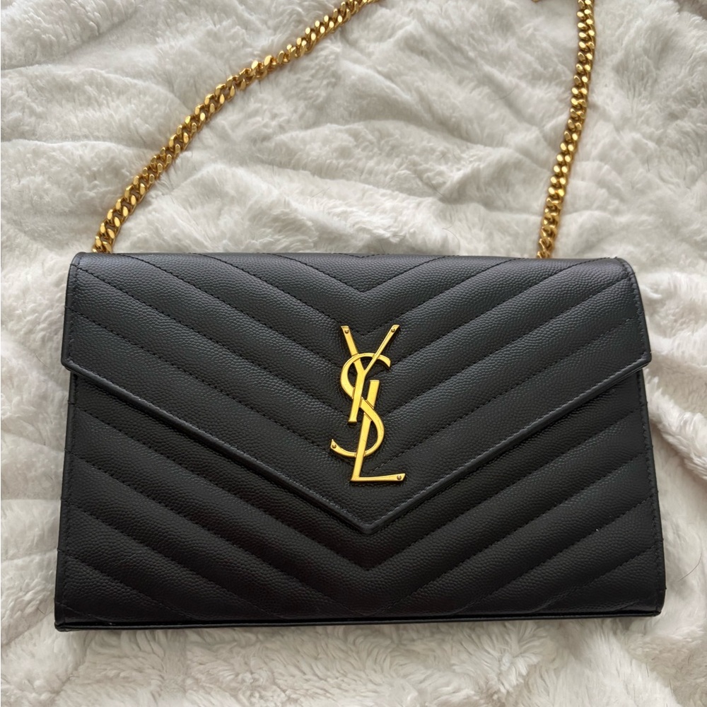 Yves Saint Laurent Black Chevron Crossbody with Gold Chain